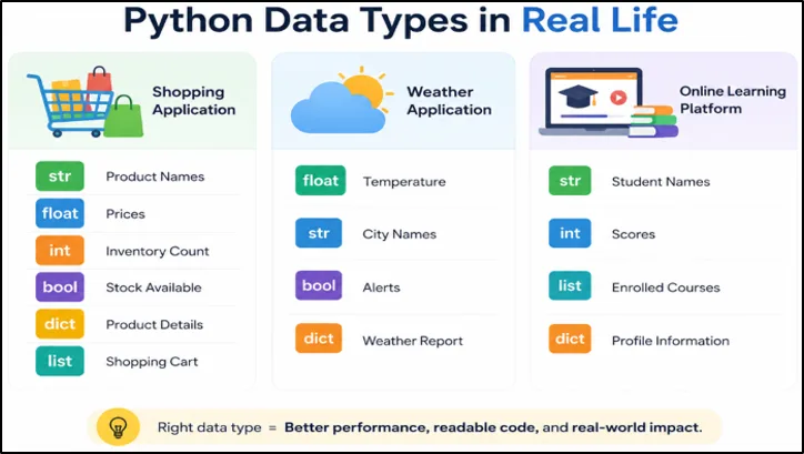 Python data types used in software applications including strings, integers, floats, booleans, lists, and dictionaries in e-commerce, weather, and learning platforms.
