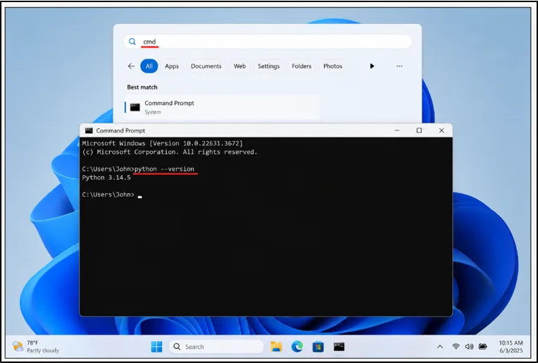 Windows Command Prompt showing Python version check command.