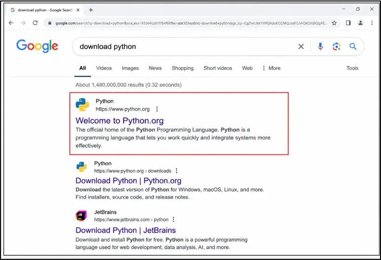 Google search results displaying the official Python download page.