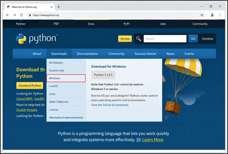 Python.org Downloads page showing the Windows option for downloading Python.