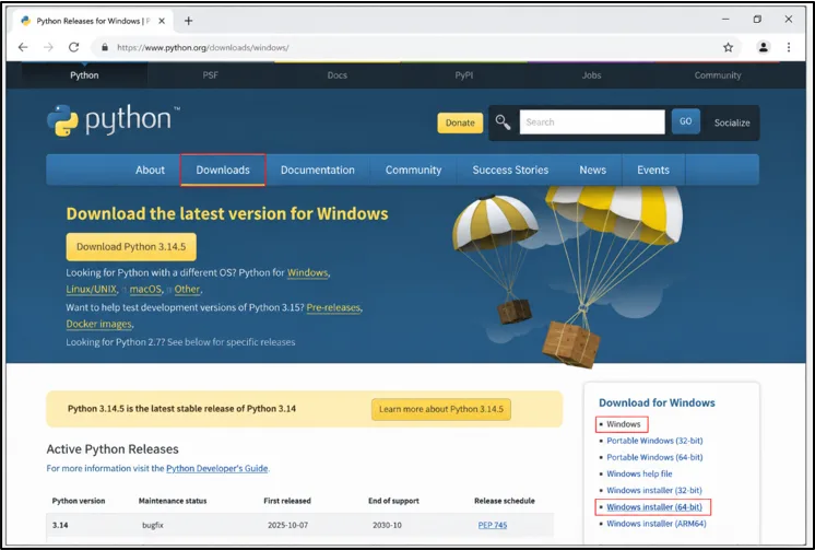 Official Python website showing Downloads and Windows installation options.