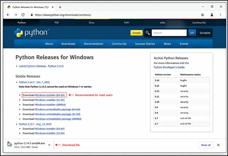Python Windows installer download link for the latest stable release.