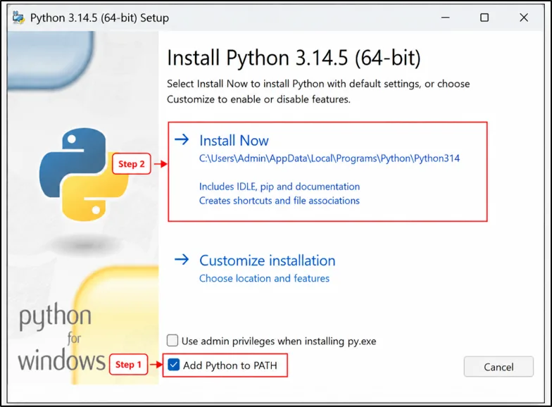 Python installer showing Add Python to PATH checkbox enabled.