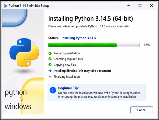 Python installation progress window showing Python 3.14.5 being installed on Windows.
