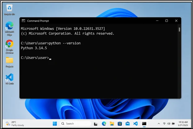 Command Prompt displaying Python 3.14.5 after successful installation.
