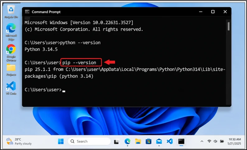 Command Prompt displaying pip version after successful Python installation.