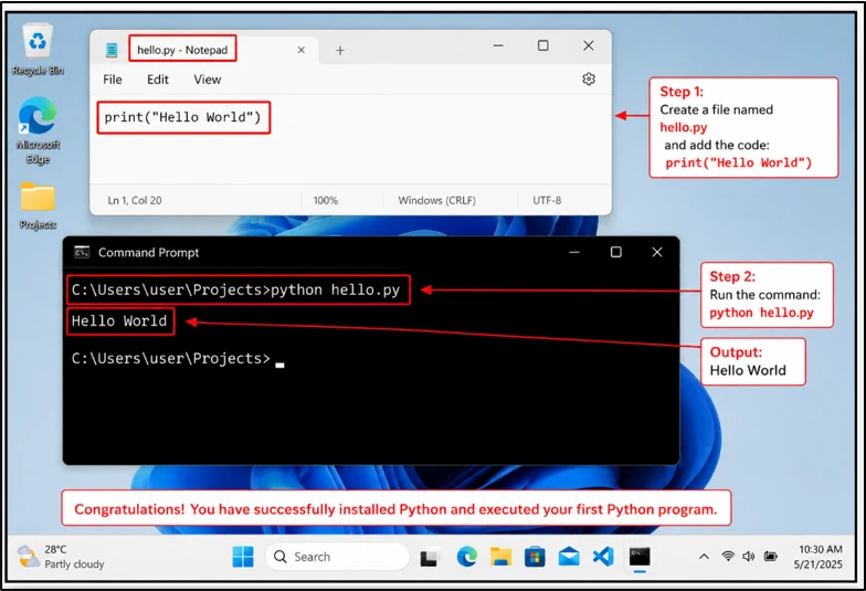 Hello World Python program executing successfully in Command Prompt.