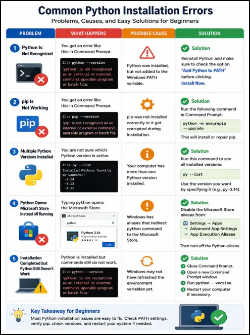 Infographic showing how to fix common Python installation problems, including Python not recognized, pip errors, multiple Python versions, Microsoft Store redirects, and installation issues on Windows.