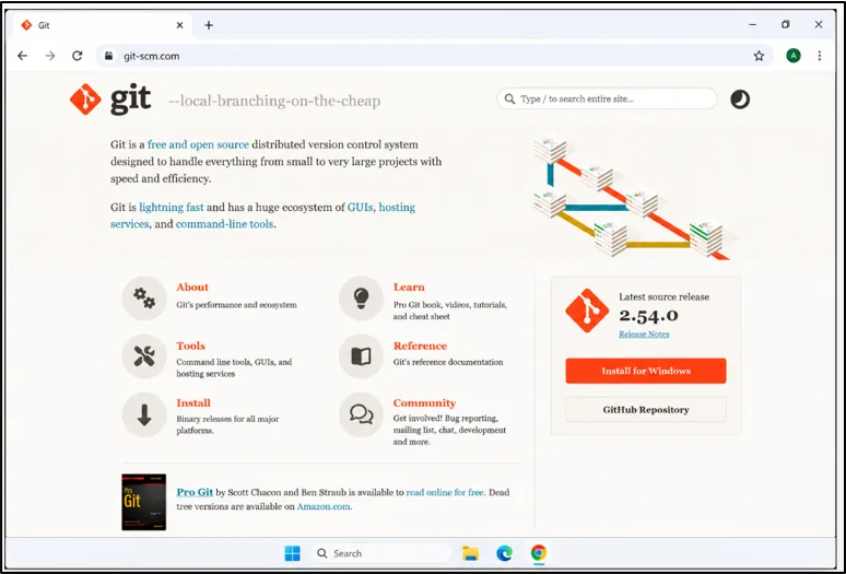 Official Git website homepage showing Git download options for Windows users.