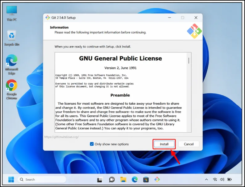 Git Setup window displaying the GNU General Public License screen with the Install button ready to start Git installation.