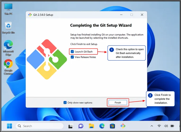 Git Setup Wizard completion screen showing the Finish button after Git Bash has been installed successfully on Windows.