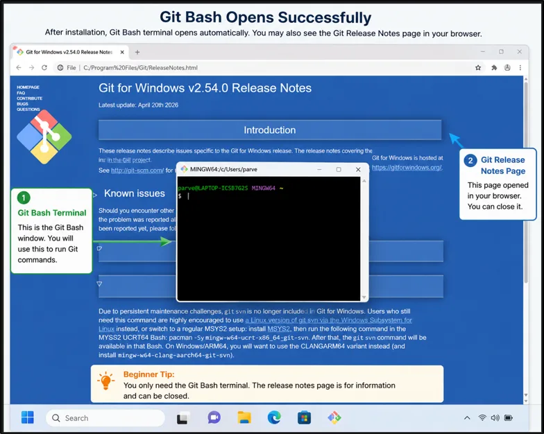 Git Bash terminal window open on Windows after completing the Git installation process.